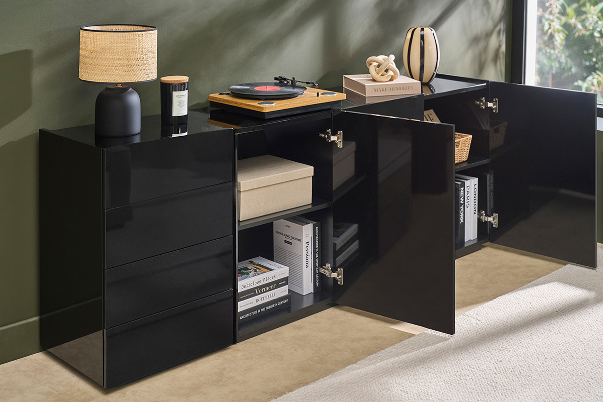 Buffet nero lucido 3 porte 4 cassetti L200 cm ISAURE