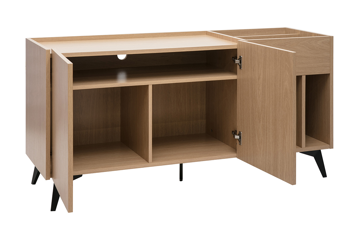 Credenza da stoccaggio con porte aperte in quercia chiara con piedi in metallo nero, L140 cm, stile moderno.