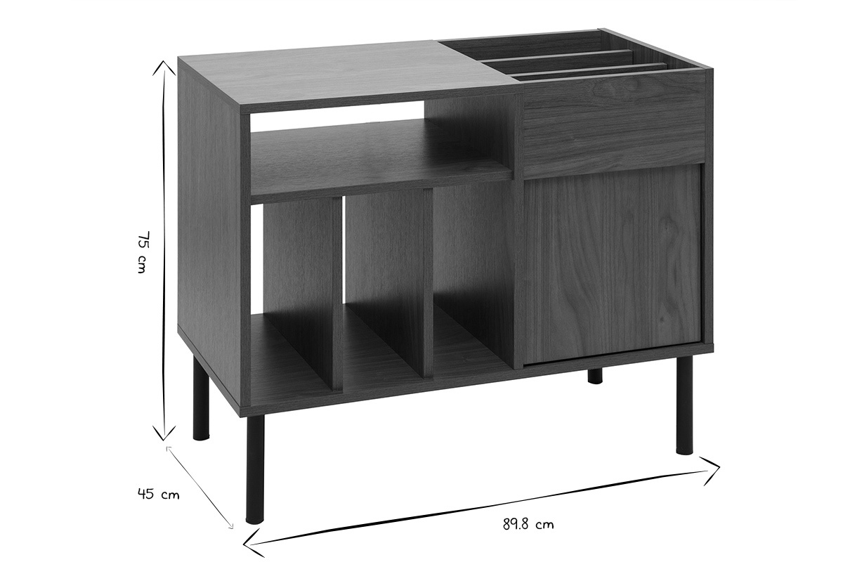 Buffet per la sistemazione di vinili in legno scuro finitura noce e metallo nero L90 cm KANE
