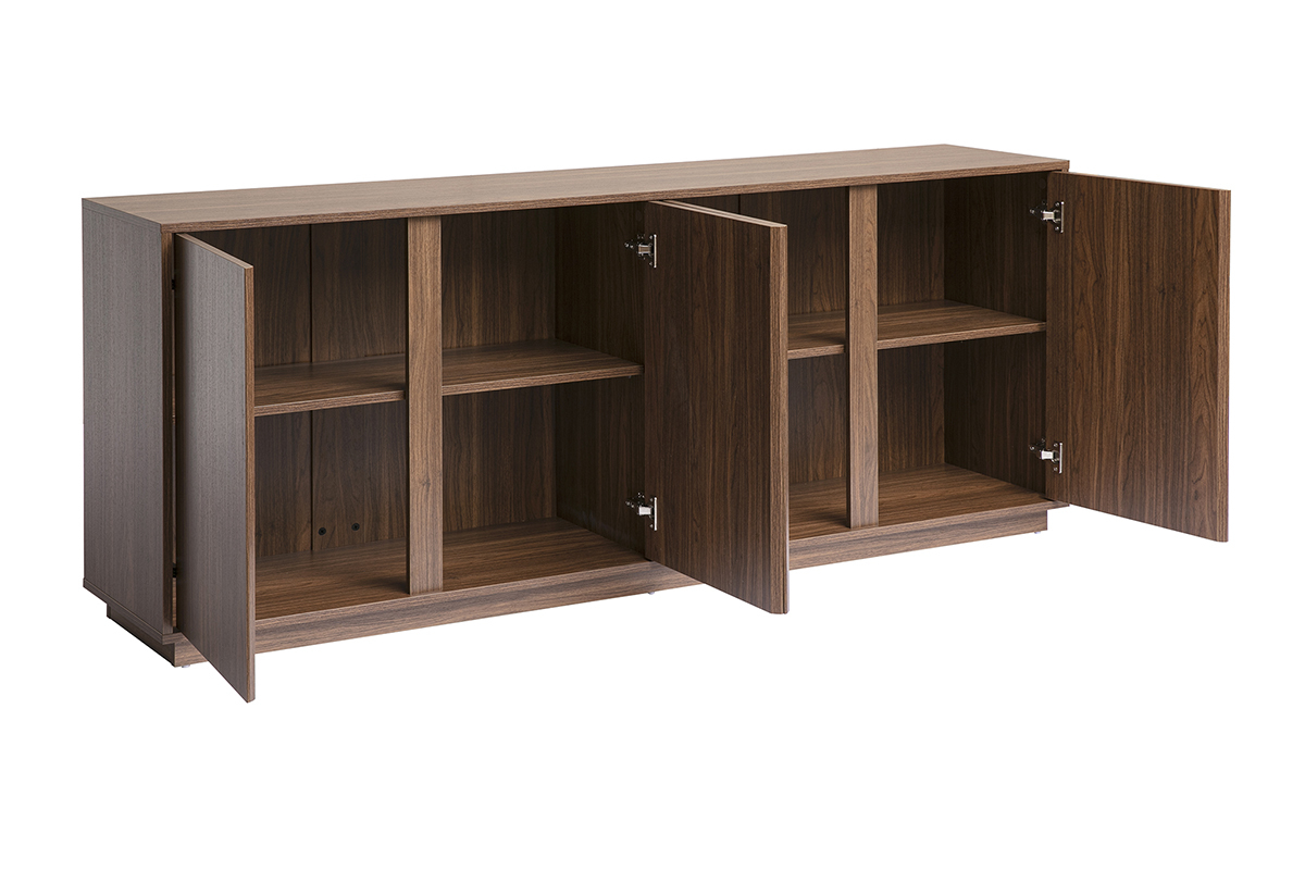 Buffet vintage in legno di noce con tre porte aperte, vista da 3/4.