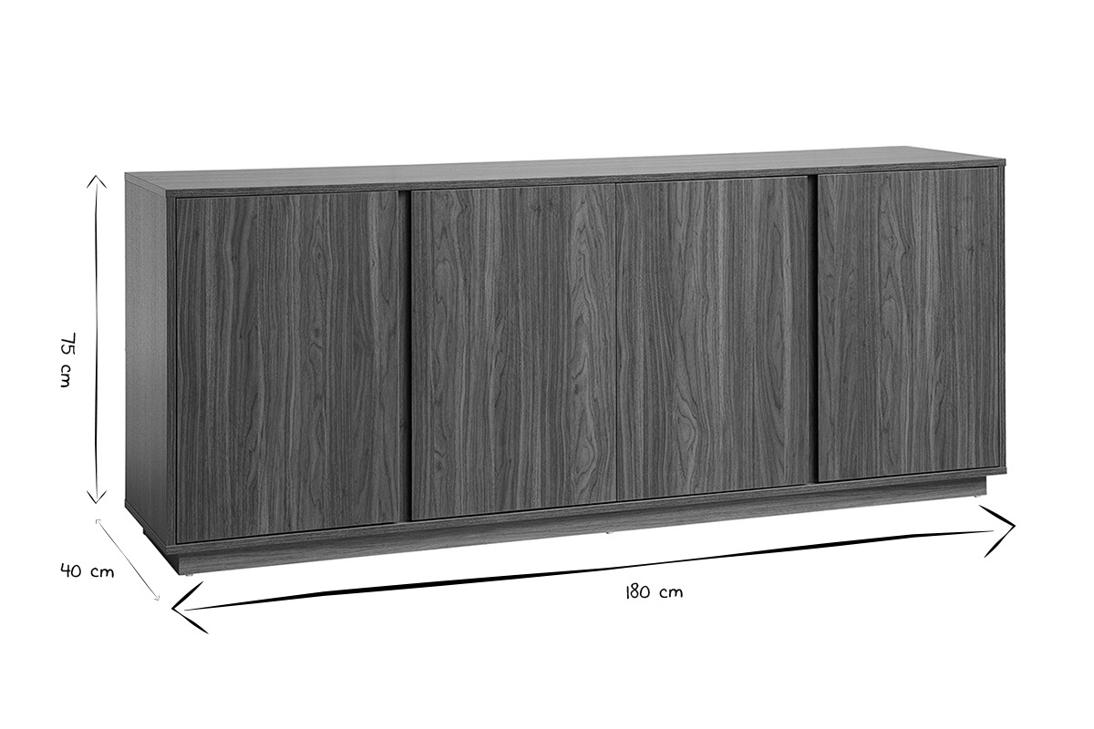 Credenza vintage 3 ante, dimensioni 180x40x75 cm, vista frontale, nero e bianco.