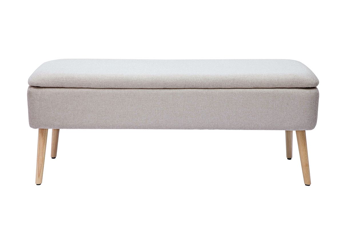 Cassapanca in tessuto effetto velluto beige e legno chiaro massello L120 cm LARS