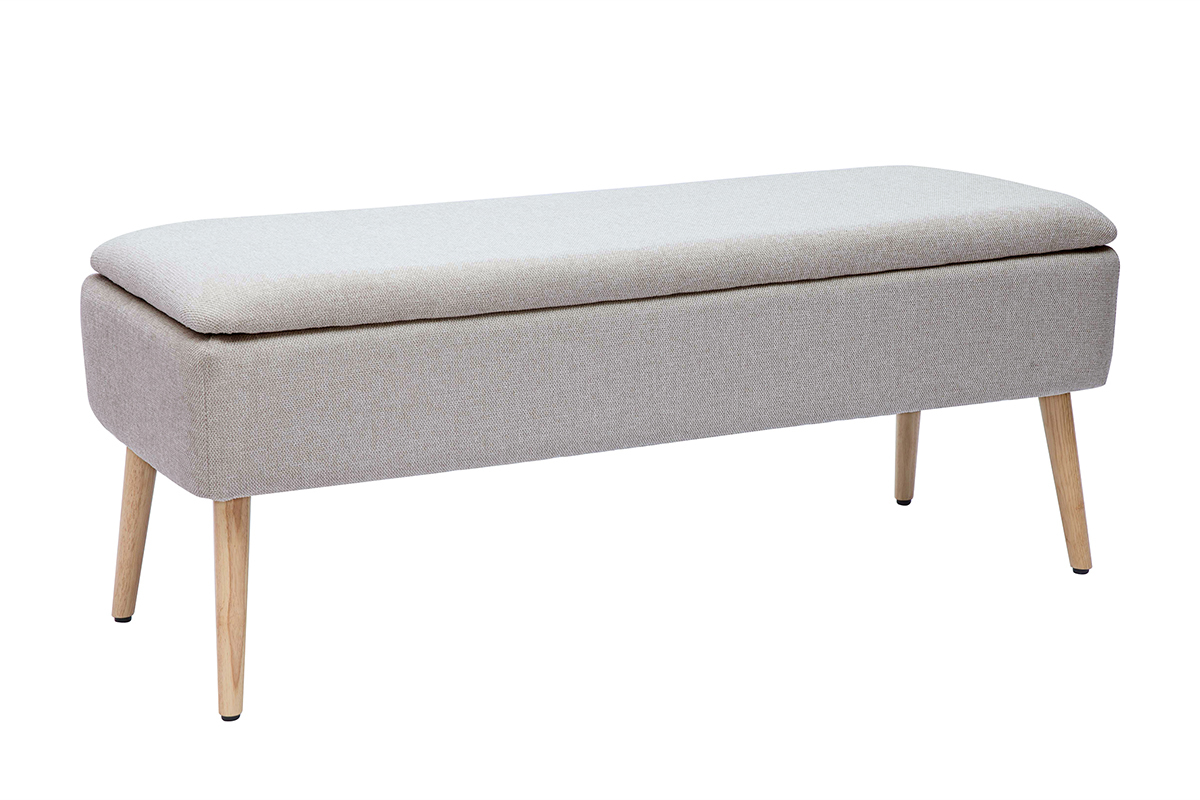 Cassapanca in tessuto effetto velluto beige e legno chiaro massello L120 cm LARS