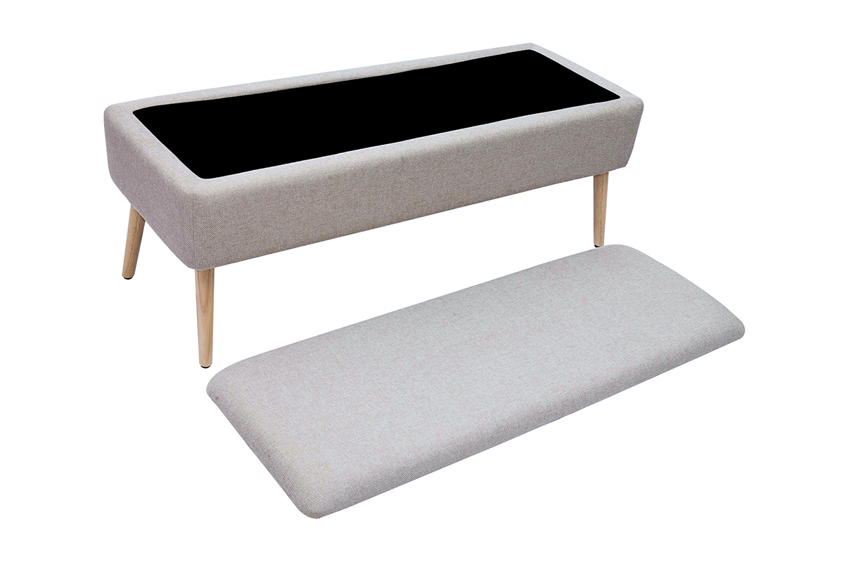 Cassapanca in tessuto effetto velluto beige e legno chiaro massello L120 cm LARS