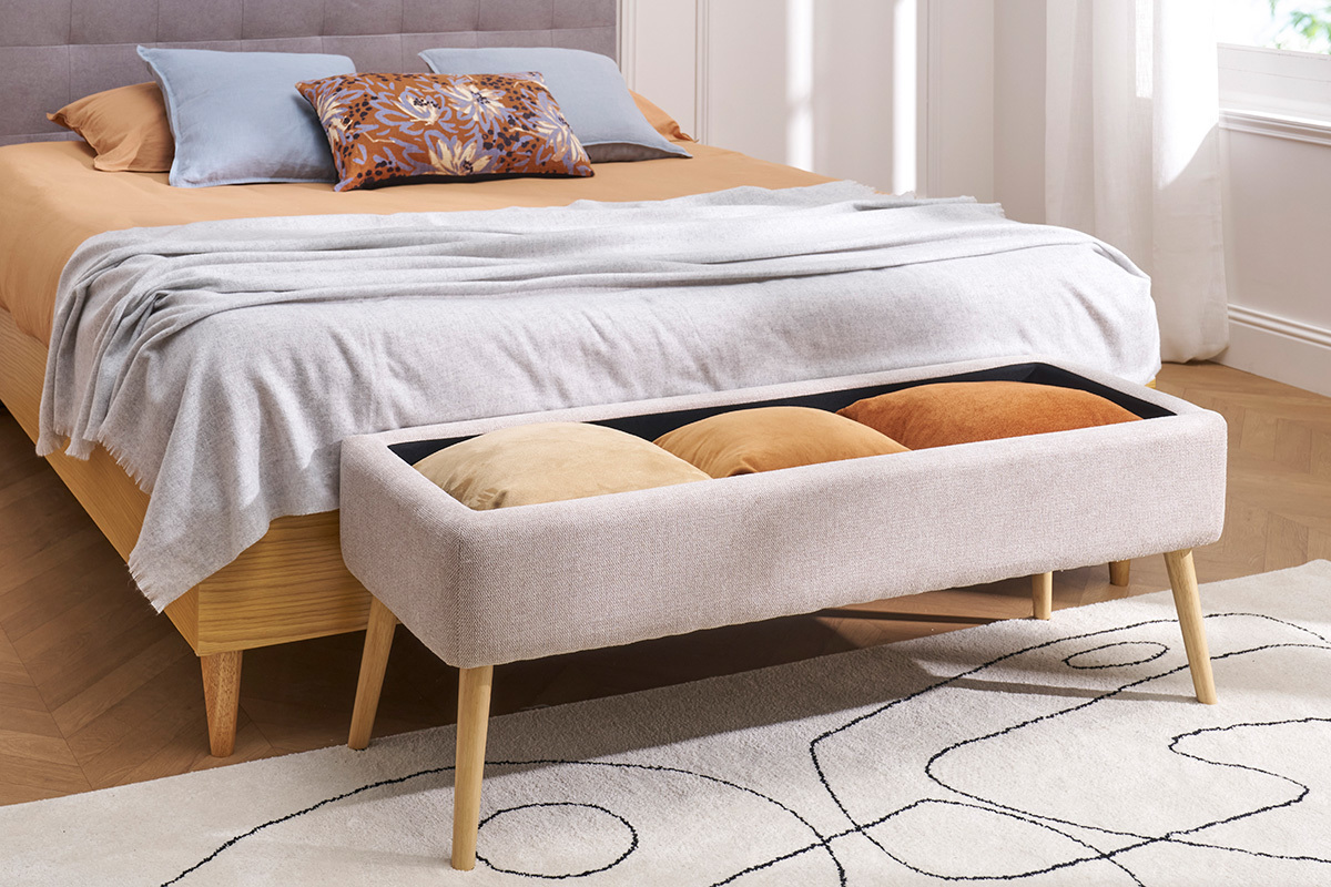 Cassapanca in tessuto effetto velluto beige e legno chiaro massello L120 cm LARS