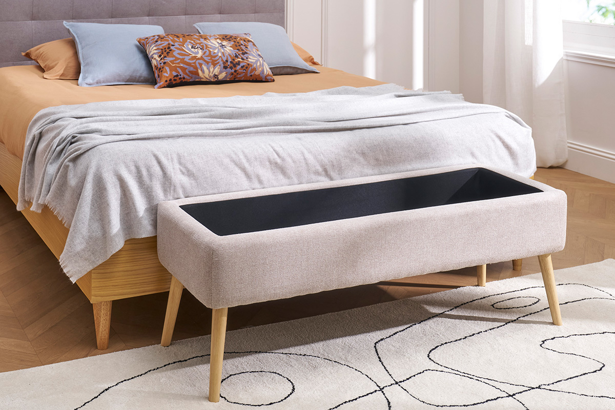 Cassapanca in tessuto effetto velluto beige e legno chiaro massello L120 cm LARS