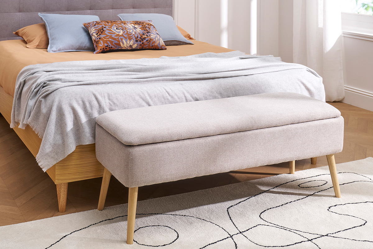 Cassapanca in tessuto effetto velluto beige e legno chiaro massello L120 cm LARS