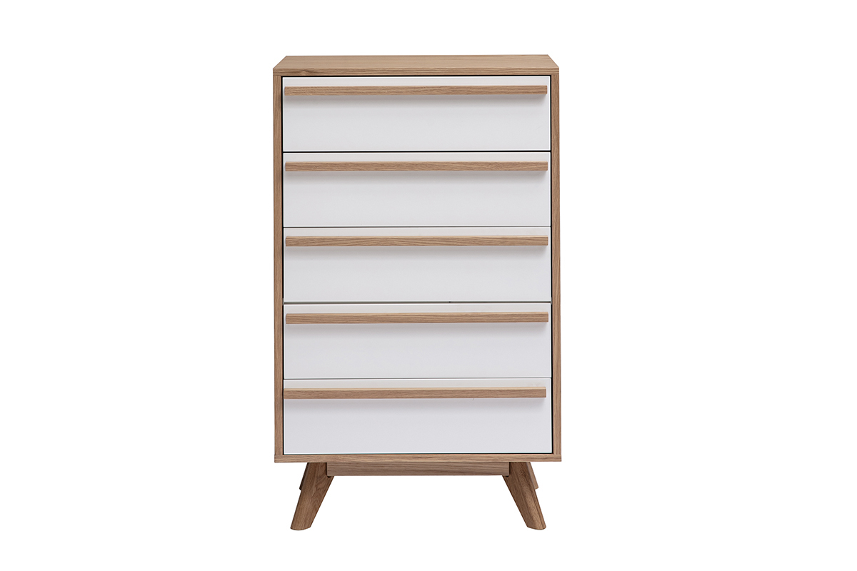 Com� scandinavo HELIA 5 cassetti, bianco e legno chiaro, vista frontale.
