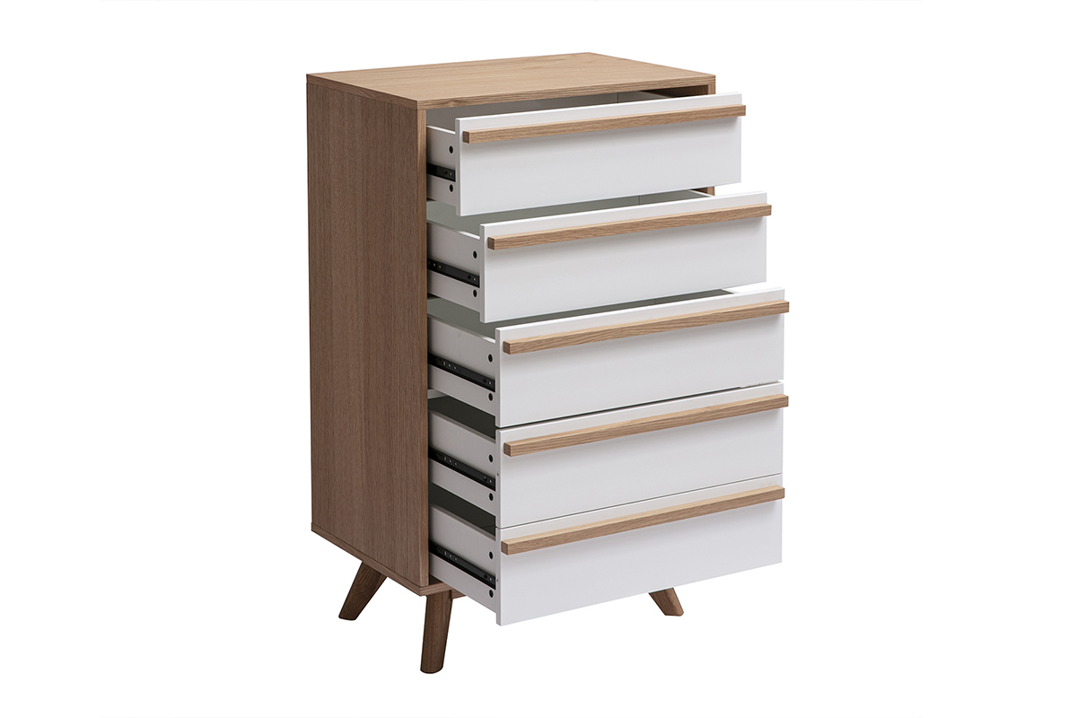 Cassettiera scandinava bianca e legno chiaro a 5 cassetti, vista laterale, cassetti aperti.