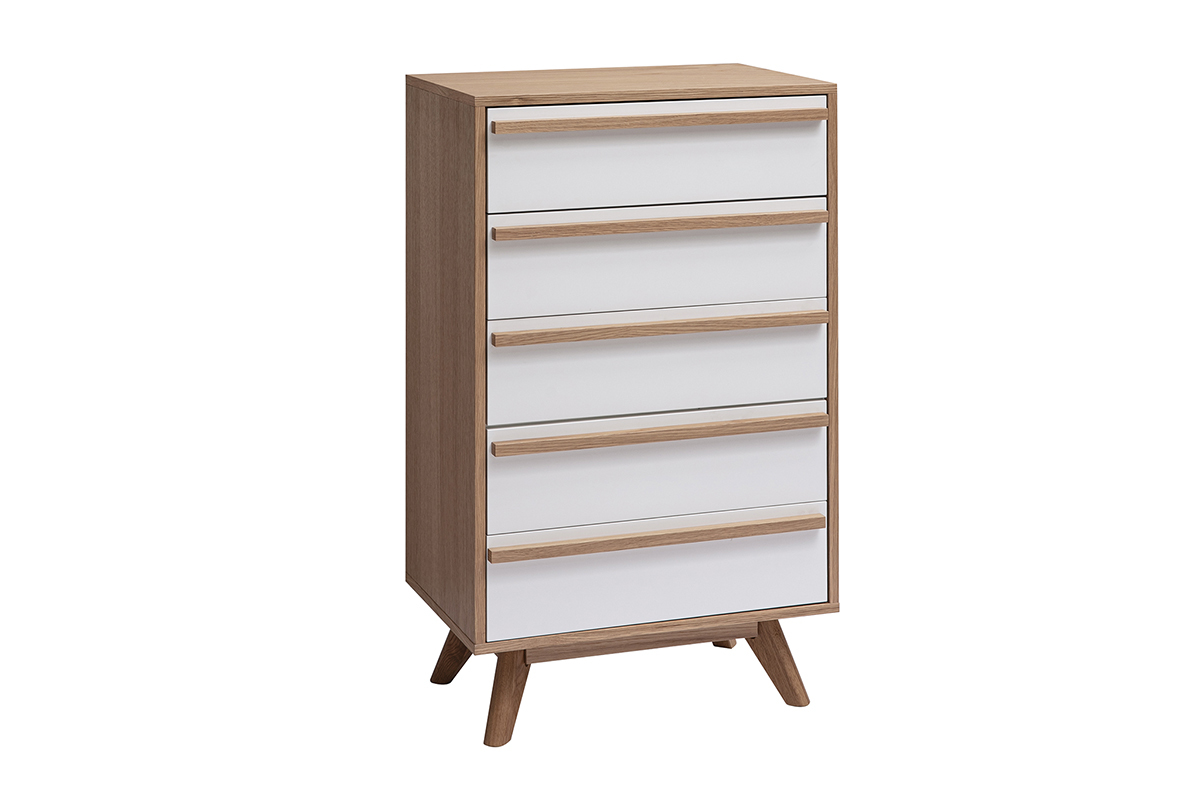 Cassettiera scandinava HELIA 5 cassetti, bianco e legno chiaro, vista 3/4.
