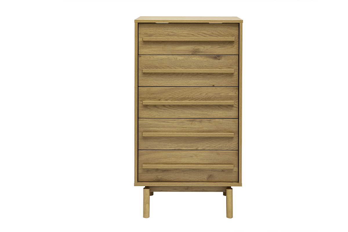 Cassettiera alta in legno di quercia con 5 cassetti, vista frontale, dimensioni L60 x P40 x H111.3 cm