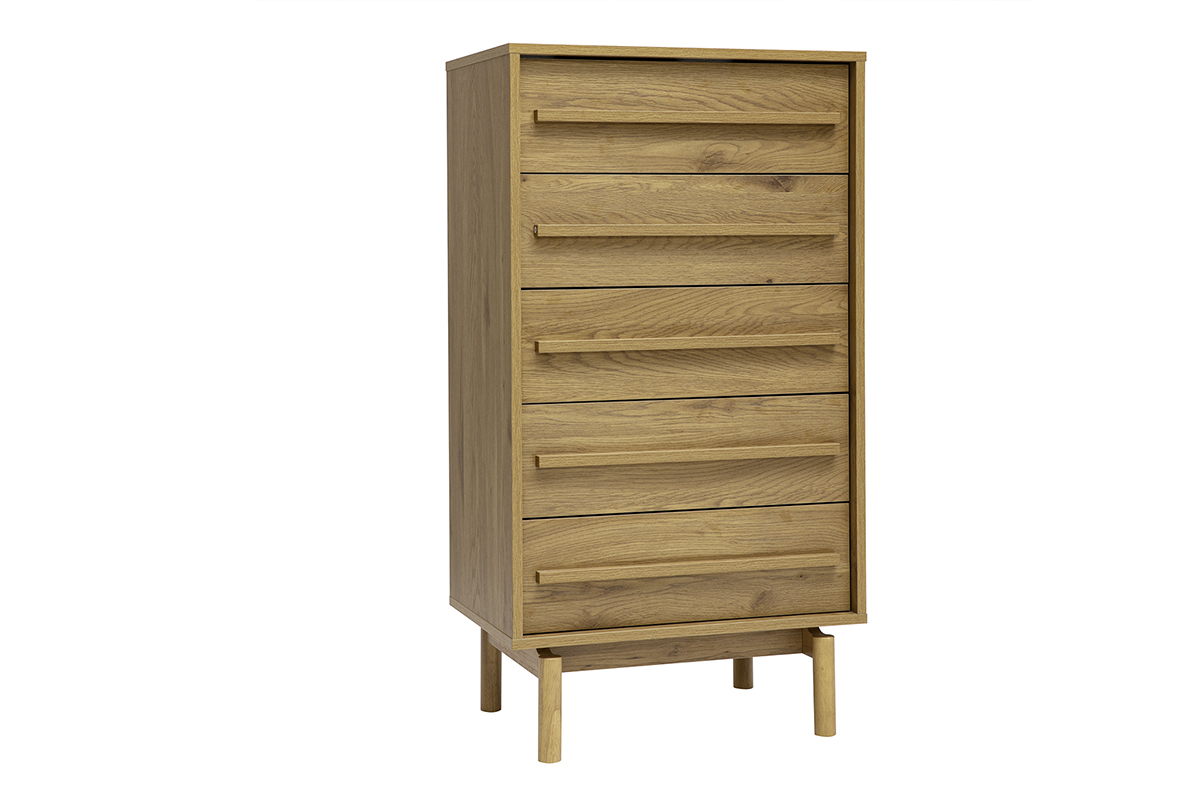 Cassettiera alta in legno di rovere a 5 cassetti vista 3/4, stile scandinavo, dimensioni L60 x P40 x H111.3 cm