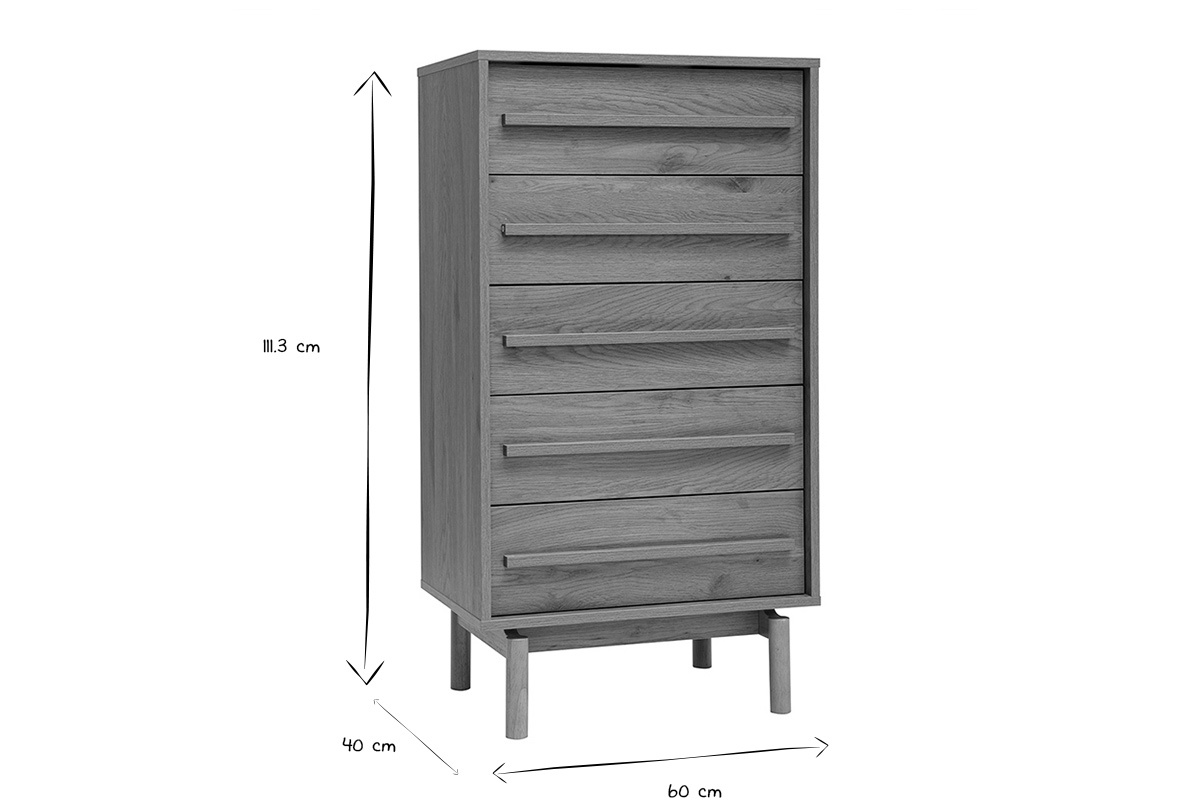 Dimensioni della cassettiera alta YSEULT in bianco e nero: H111,3 cm, L60 cm, P40 cm.
