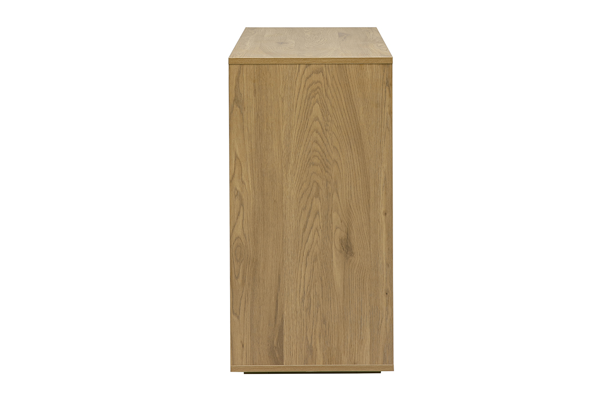 Comodino in legno chiaro di quercia con 3 cassetti, vista laterale.