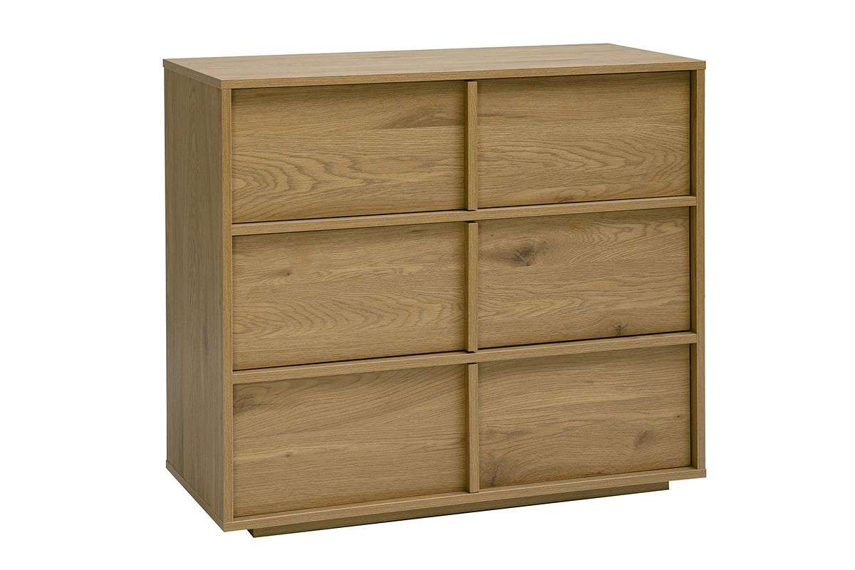 Cassettiera in legno chiaro di quercia con 3 cassetti, vista frontale, stile moderno ed essenziale.
