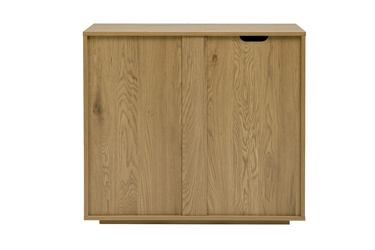 Com� in legno di rovere chiaro, 3 cassetti, vista posteriore, design grafico con linee verticali.