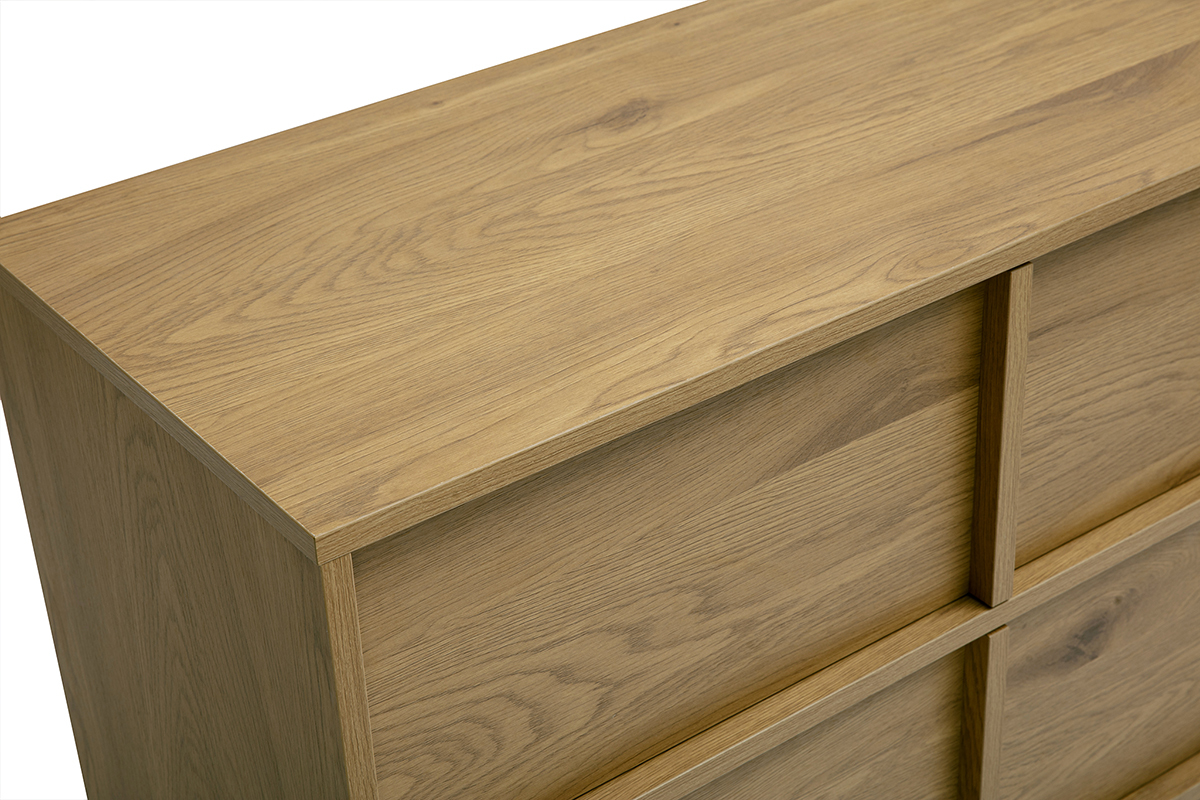 Com� finitura legno chiaro quercia con 3 cassetti, vista dall'alto