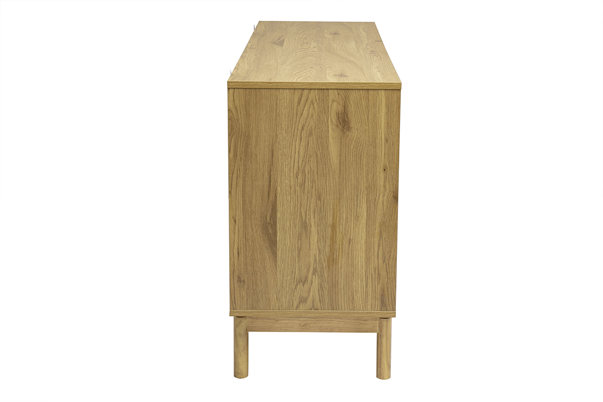 Comodino in legno di rovere chiaro, sei cassetti, vista laterale, dimensioni L140 x P40 x H75.3 cm