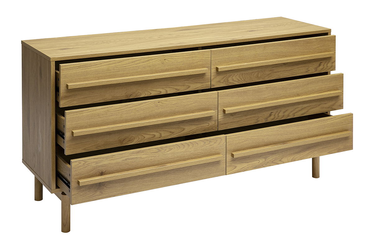 Cassettiera in legno di quercia con sei cassetti, vista a 3/4, stile moderno e raffinato.