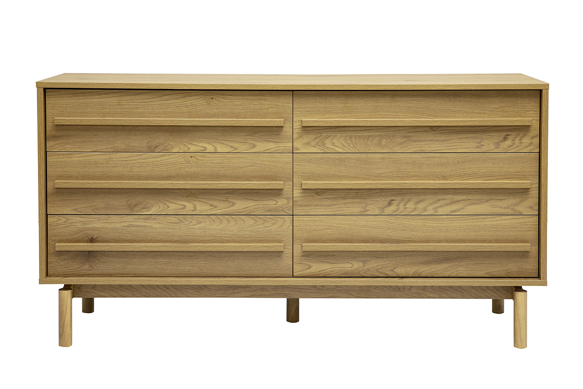 Com� in legno rovere chiaro con 6 cassetti, vista frontale