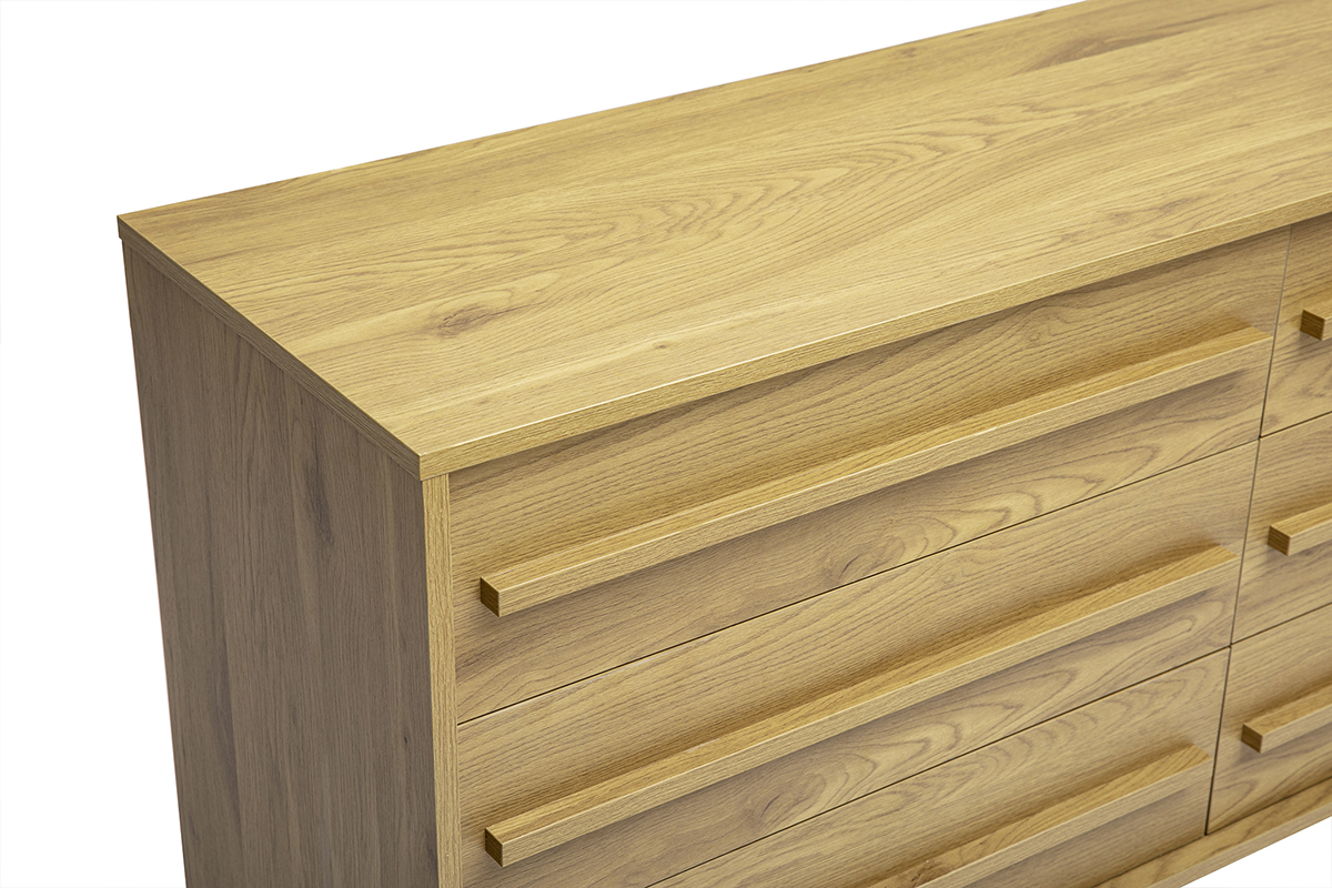Com� YSEULT in legno di rovere chiaro, vista dall'alto, con sei cassetti e finitura moderna.