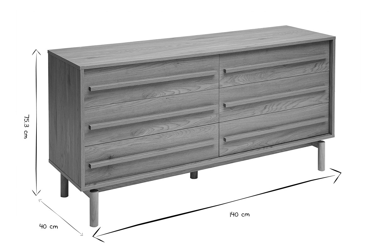 Cassettiera con finitura in legno di quercia in nero e bianco, dimensioni L140 x P40 x H75,3 cm.