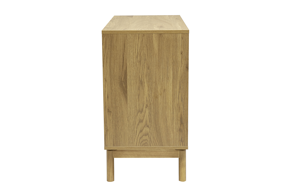 Comodino in legno di quercia a 3 cassetti vista laterale, design essenziale e contemporaneo.
