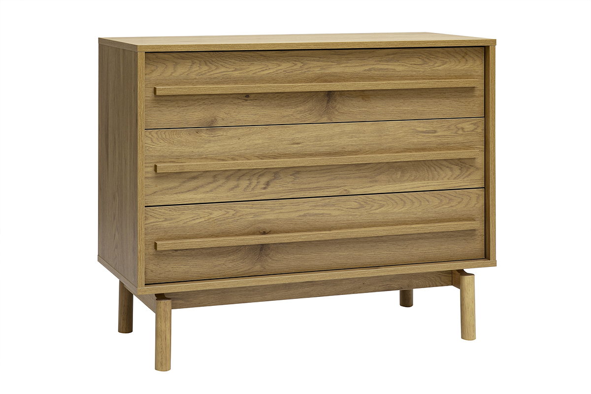 Comodino in legno rovere chiaro, 3 cassetti, vista 3/4, stile contemporaneo