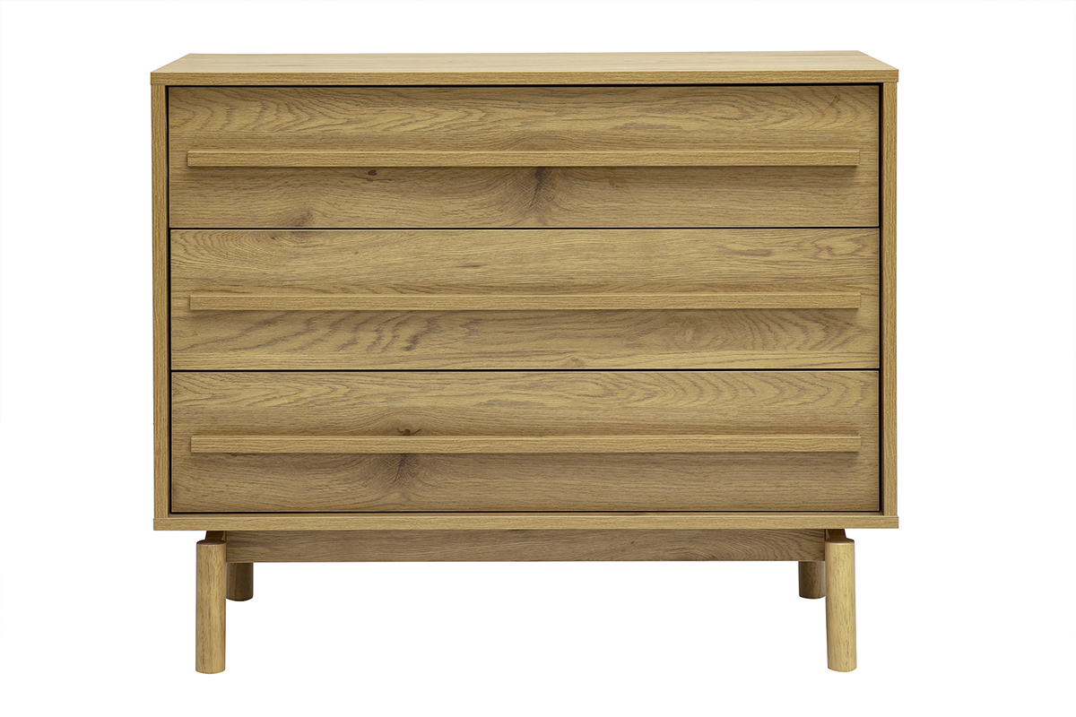 Cassettiera in legno di rovere chiaro con 3 cassetti, vista frontale