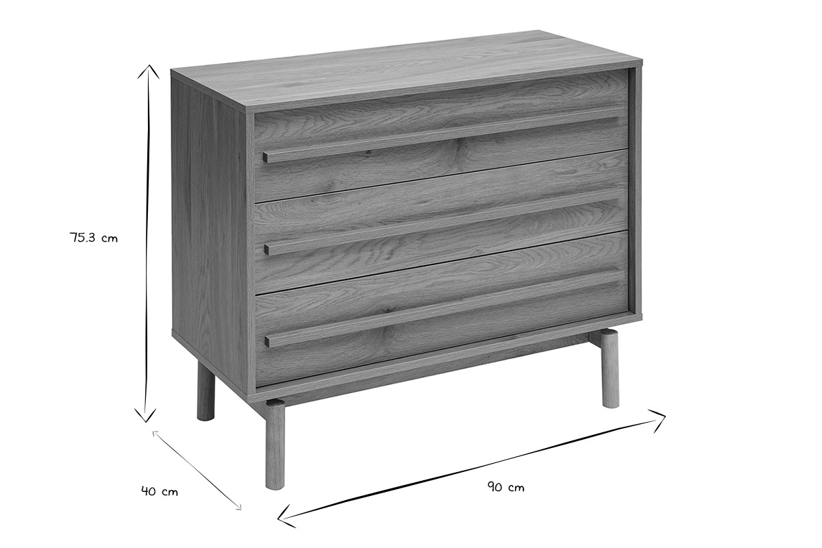 Cassettiera finitura in legno di quercia a 3 cassetti vista a 3/4 con dimensioni indicate in bianco e nero.