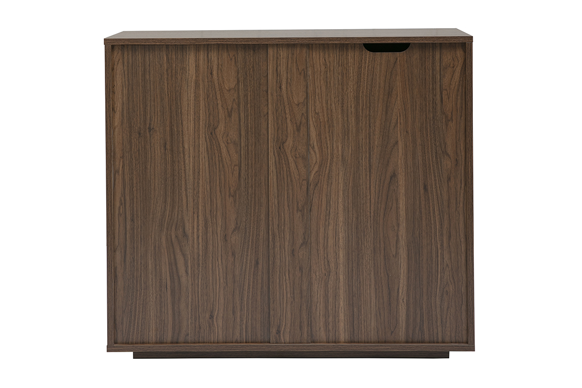 Com� in legno di noce scuro, vista posteriore, con 3 cassetti senza maniglie a vista.