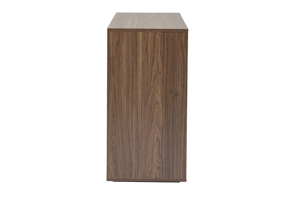 Cassettiera in legno scuro noce con 3 cassetti, vista laterale.