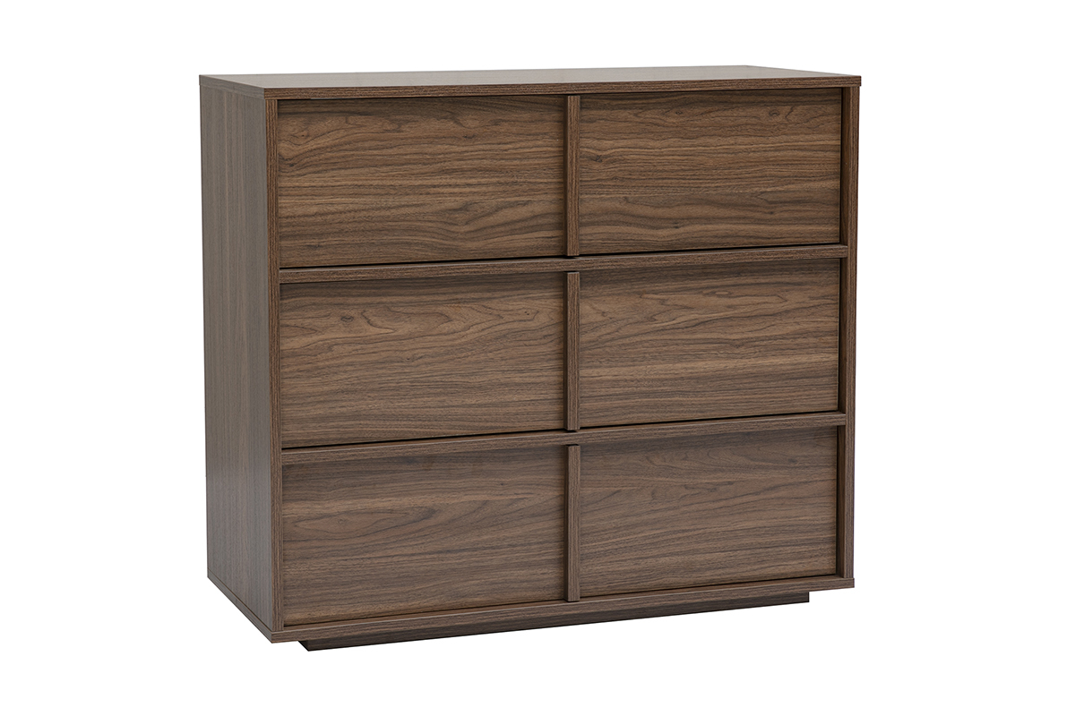 Cassettiera in legno di noce scuro L90 cm con 3 cassetti, vista a 3/4.