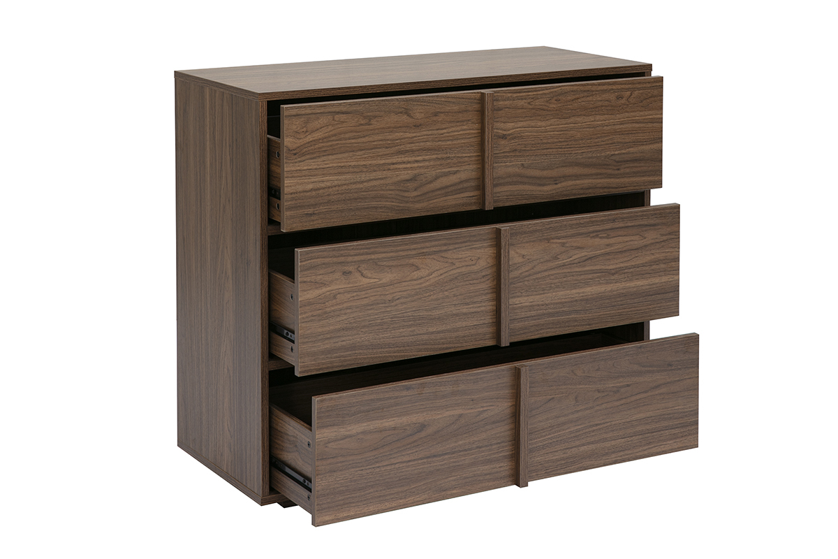 Com� finitura legno scuro noce con 3 cassetti, vista a 3/4, design essenziale.
