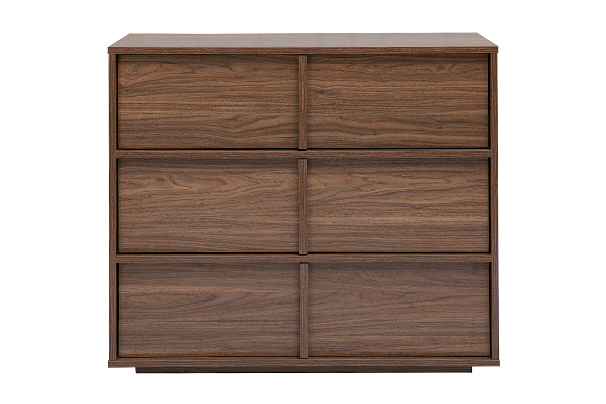 Cassettiera in legno noce scuro con 3 cassetti, vista frontale.