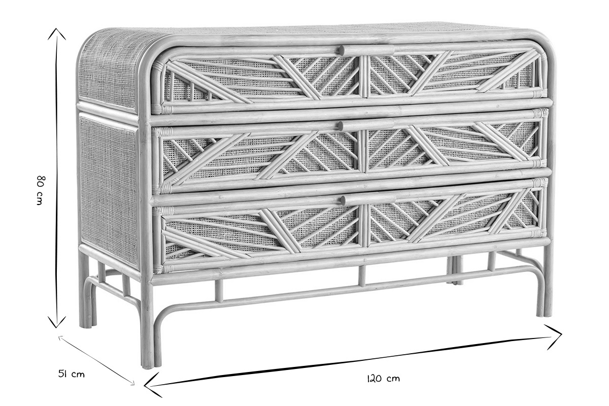Com� vintage in rattan con 3 cassetti, dimensioni L120 x P51 x H80 cm, vista da tre quarti, in bianco e nero.