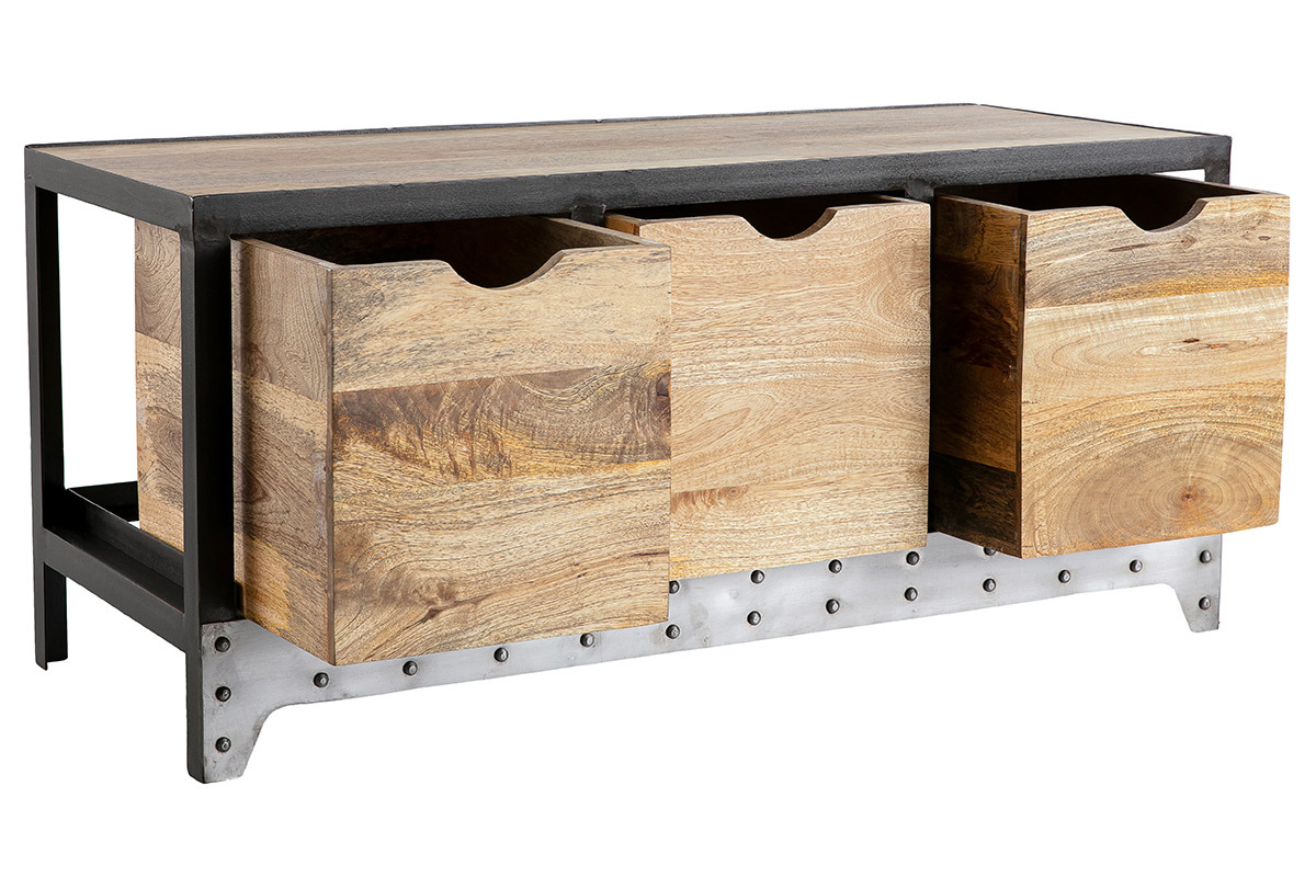 Mobile contenitore industriale in legno massello di mango e metallo nero con tre cassetti, vista a 3/4