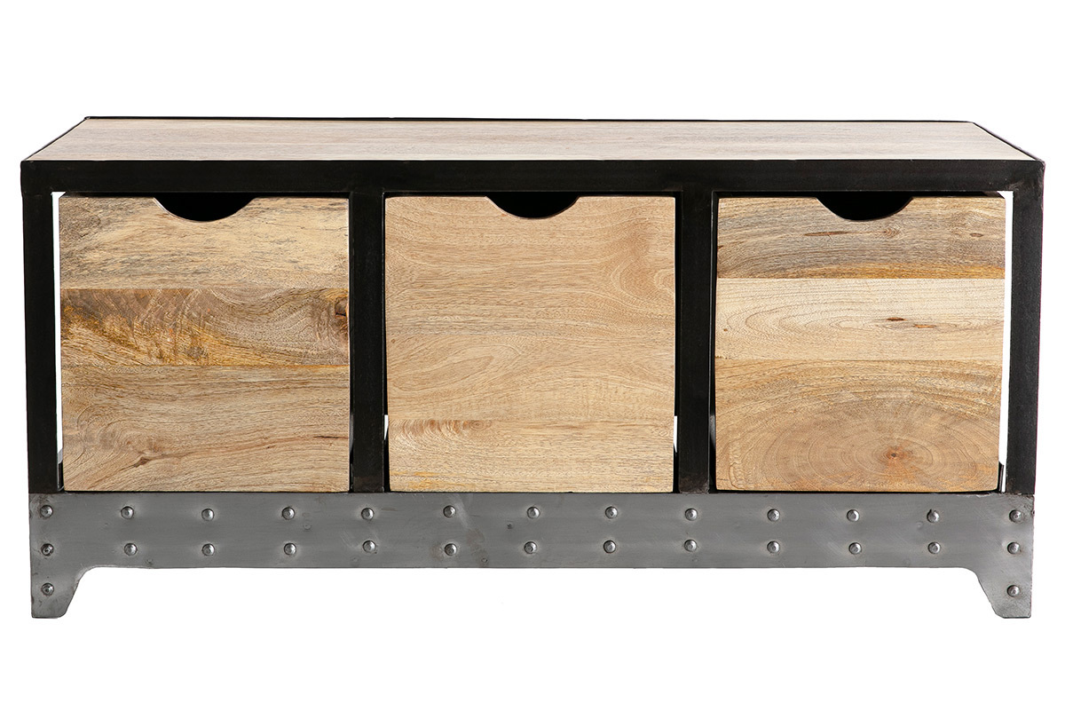 Mobile contenitore industriale in legno massello di mango e metallo nero con 3 cassetti, vista frontale.