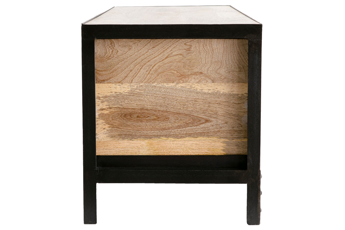 Mobile contenitore industriale in legno di mango con metallo nero, vista laterale, 3 cassetti.