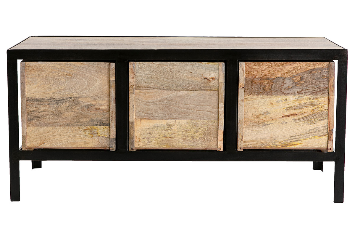 Mobile contenitore industriale con 3 cassetti in legno massello di mango e metallo nero, vista posteriore.