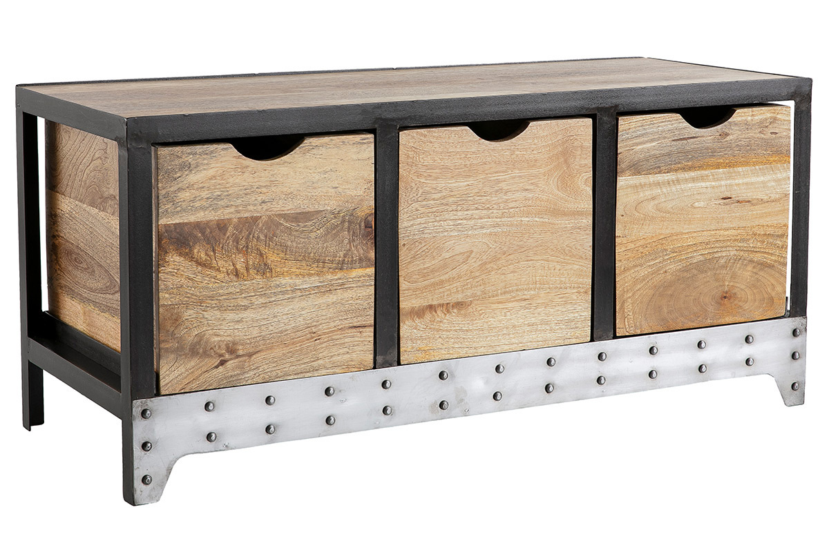 Mobile contenitore industriale in legno massello di mango e metallo nero con 3 cassetti, vista a tre quarti