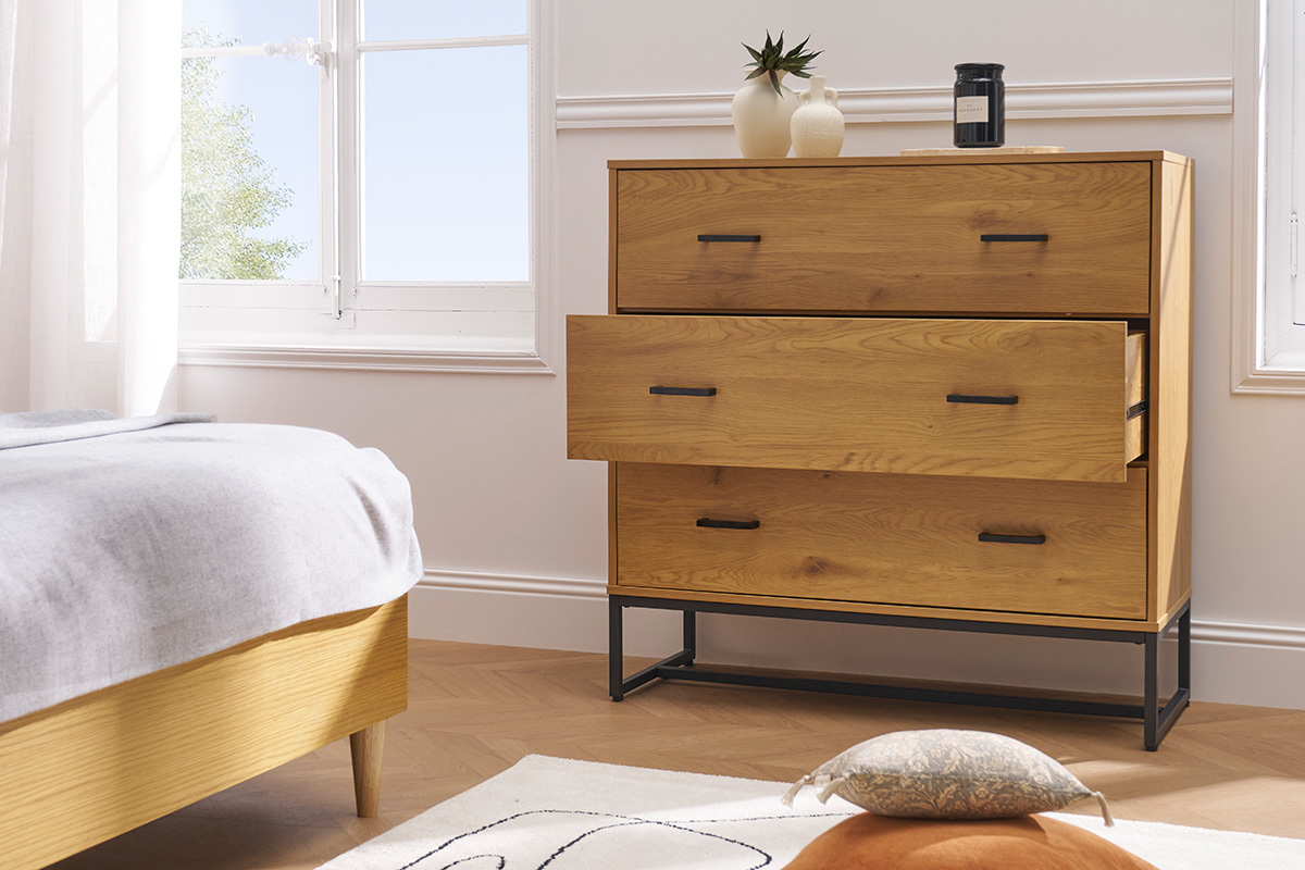 Com 3 cassetti finitura legno chiaro rovere e metallo nero L100 cm LOVATO
