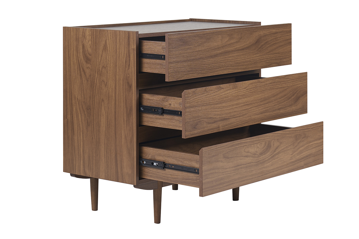 Com� in noce scuro SANAA con tre cassetti aperti, vista laterale.