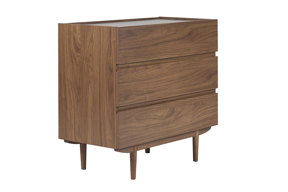 Cassettiera SANAA in noce scuro, 3 cassetti, vista da 3/4, gambe affusolate.