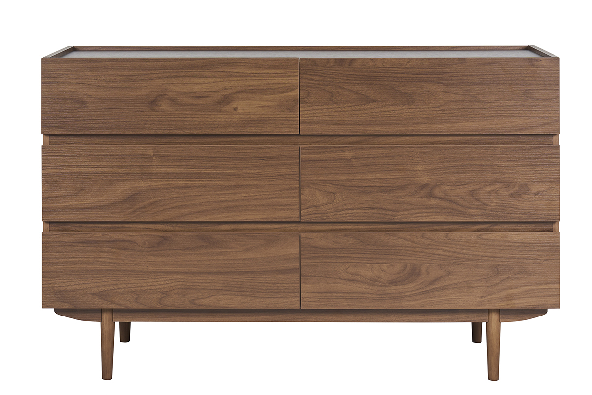 Cassettiera in noce scuro a 6 cassetti, vista frontale, su piedi affusolati.