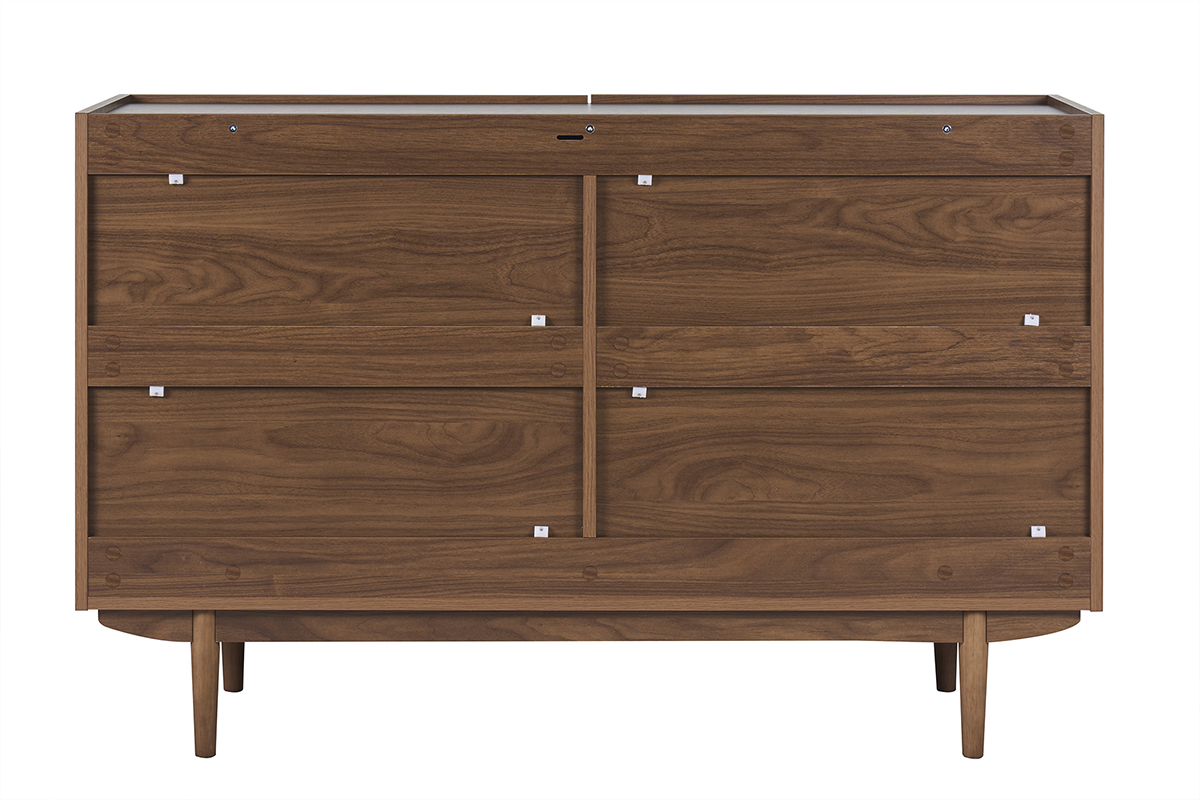 Cassettiera in noce scuro, 6 cassetti, vista posteriore, piedi affusolati.