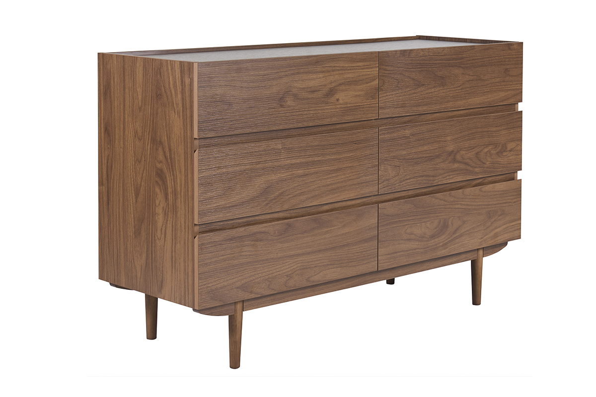 Cassettiera in noce scuro con 6 cassetti, vista da tre quarti.