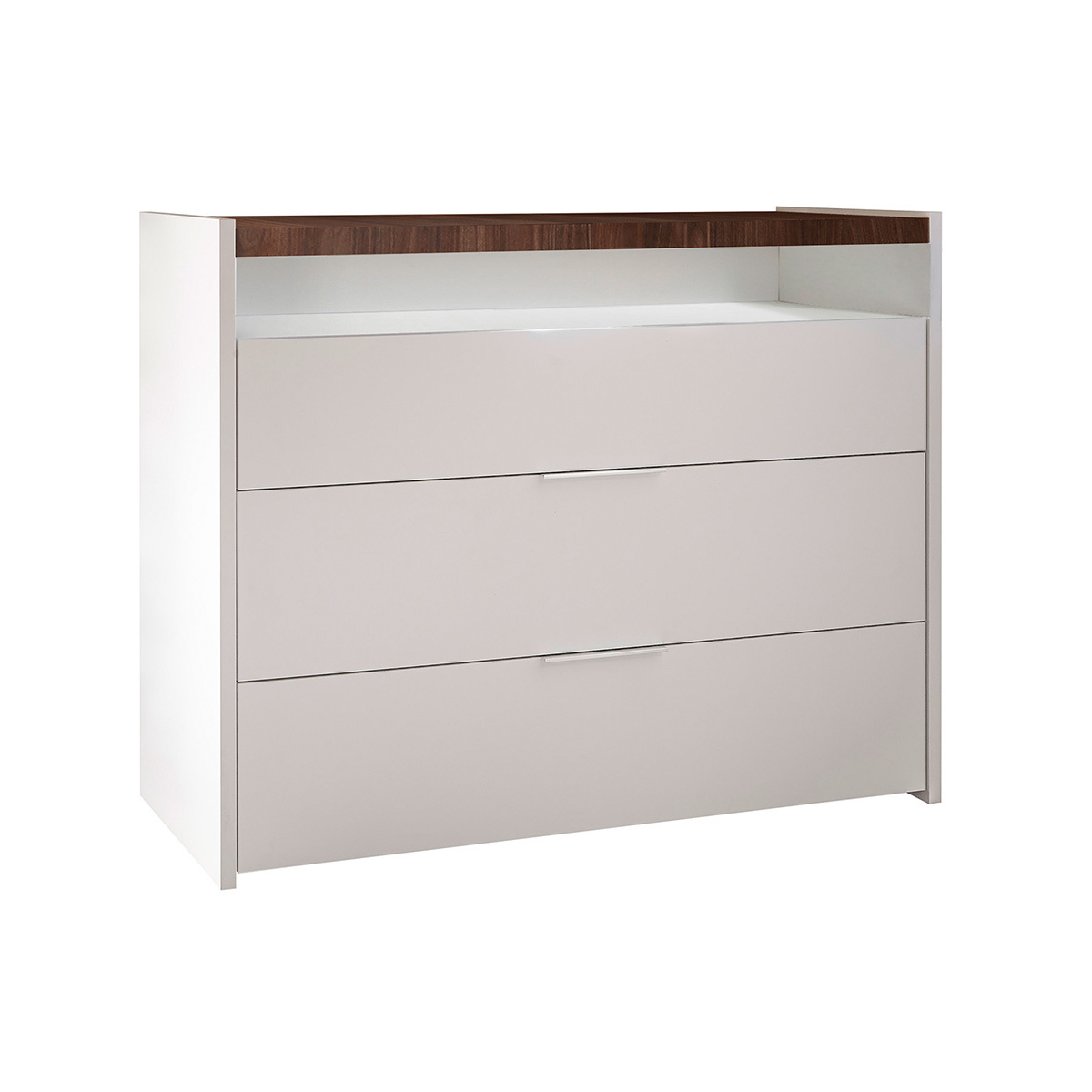 Comò design 3 cassetti bianco opaco ripiano finitura noce L110 cm VERDI