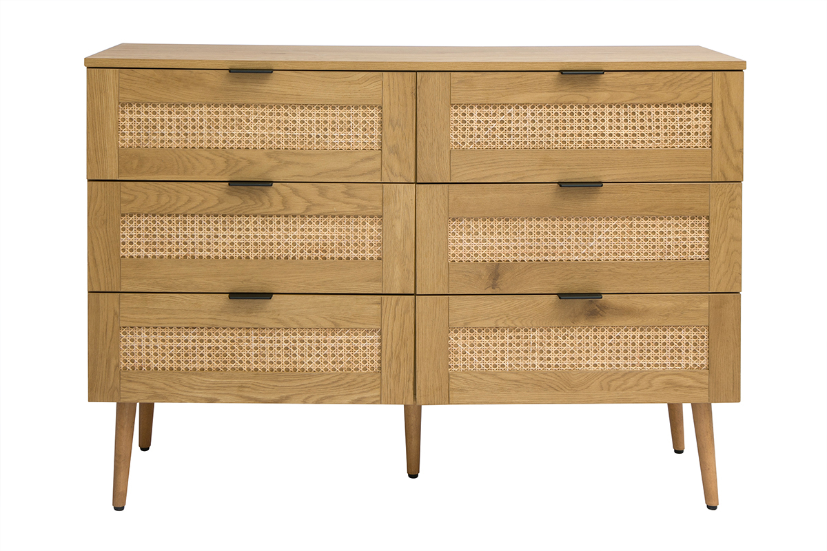 Com finitura legno chiaro, intreccio in rattan e metallo nero 3 cassetti L120 cm MANILLE