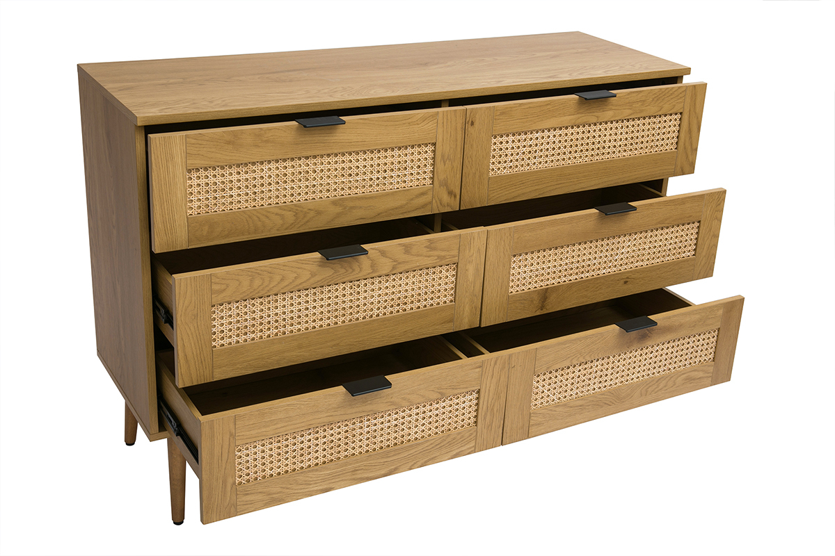 Com finitura legno chiaro, intreccio in rattan e metallo nero 3 cassetti L120 cm MANILLE